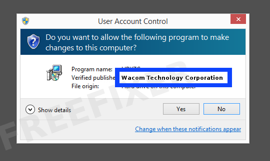 Screenshot where Wacom Technology Corporation appears as the verified publisher in the UAC dialog